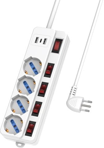 Mscien Ciabatta Multipresa Elettrica con USB C, Presa multipla da Scrivania con Interruttori Indipendenti di protezione 10A, 2500W, 4 Prese (10/16A Universali ITA/Schuko), 1.5 metri Cavo