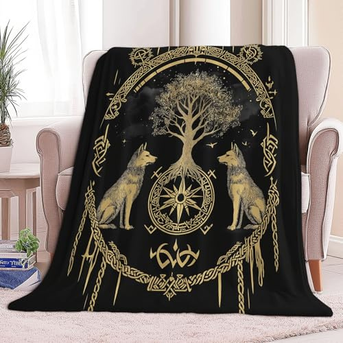 Generisch Kuscheldecken 180 x 200 cm Weich Bequem Decke Wikinger Baum des Lebens Wolf 3D-Digitaldruck Kuscheldecke Schwarz Flanelldecke Weich Wohndecke Sofadecke Decke für Jungen Erwachsene