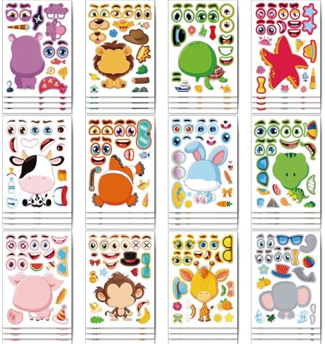 12 pcs Monkey DIY Make a Face Stickers, Animal Sea and Match Sticker Sheets with Sea and Fantasy Animals,for Crafts Activities Birthday Party Favors Valentines Day Gifts for Classroom