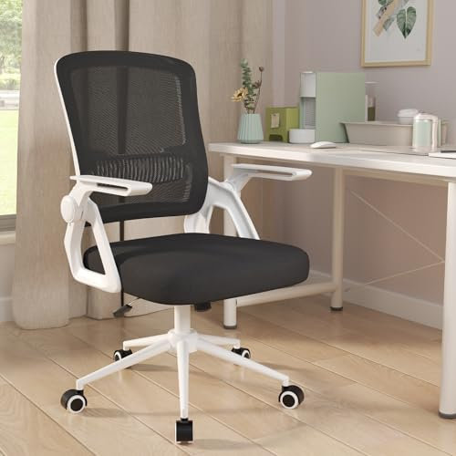 naspaluro Bürostuhl mit Hochklappbare Armlehnen, Schreibtischstuhl Ergonomisch, Drehstuhl mit Netzbespannung, Lordosenstütze, Höhenverstellbarer, Wippfunktion, Gepolstertem Sitzkissen Schwarz und Weiß