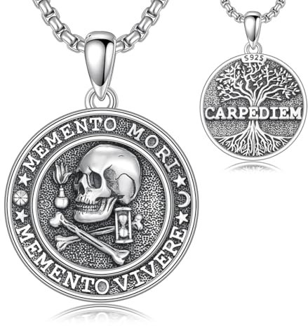 PROESS Memento Mori Kette 925 Sterling Silber Totenkopf Halskette Anhänger Sanduhr Memento Mori Schmuck Geschenke für Männer und Frauen