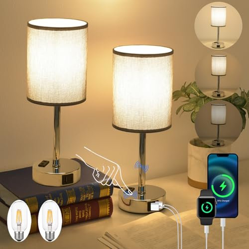 LSWZZ LED Tischlampe Touch Dimmbar 2er Set, Nachttischlampe vmit Ladefunktion USB A+C-Anschlüssen, Kleine Lampe für Nachttisch Schlafzimmer Wohnzimmer Babyzimmer Büro (Grau-2 Stück)