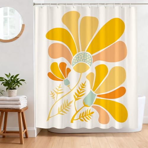 BREASOME Duschvorhang 180x180 cm Anti-Schimmel Duschvorhang Orange Blumen Stoff Polyester Wasserdicht Badewanne Vorhang mit Ösen und 12 Haken