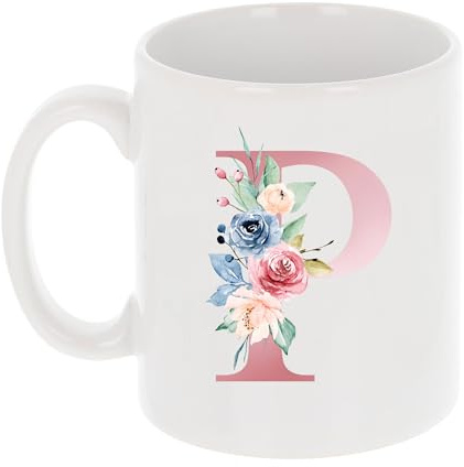 Personalisierte Tasse mit floralem Initialen-Motiv, individuelle Monogramm-Kaffeetasse mit rotgoldenem Alphabet Buchstabe P – Geschenk Keramiktasse für sie, beste Freundin, Mutter, Ehefrau