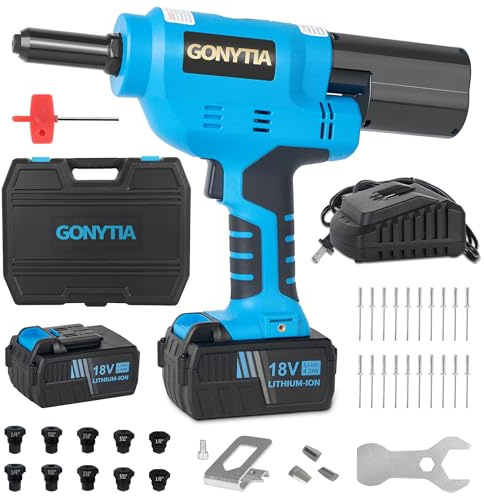 Gonytia RIVETER7 Brushless Rivet Gun, Cordless Rivet Tool compatible with 1/4(6.4mm) Stainless Steel Rivets, Automatic Rivet Recoil with 18V 4.0Ah Battery(2pcs) 1 Charger, Carrying Case