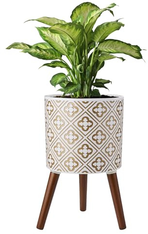 naclto 25,4 cm Pflanzgefäß mit Ständer, Pflanztopf für Zimmerpflanzen, große moderne Blumentöpfe Indoor Outdoor mit Drainage für Haus, Garten, Terrasse, Weiß & Gold