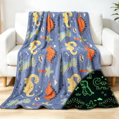 BDKCYO Dinosaurier Decke Leuchtet im Dunkeln,Cartoon Dinosaurier Muster KinderDecke für Wohnzimmer, Couch oder Bett, Ganzjahres für Flanell Sofadecke (130x150cm, B)