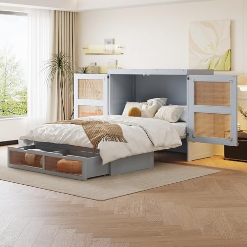 Lexiou Schrankbett 140 x 200 cm, Wandbett mit Lattenrost, Wandklappbett, vertikales schrankbett mit Lattenrost, mit Stauraumschubladen, Rattan-Design, Holzbetten, Jugendbetten, Einzelbetten (Grau)