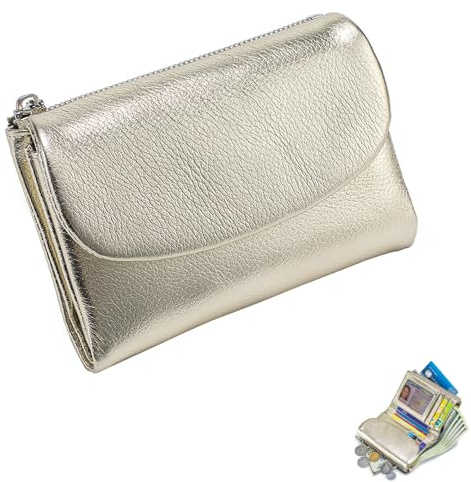 Portefeuille unisexe en cuir grainé véritable avec porte-monnaie, emplacements pour cartes de crédit et poche zippée, design compact à deux volets pour homme et femme, doré, 13.5*3*10CM, Minimaliste