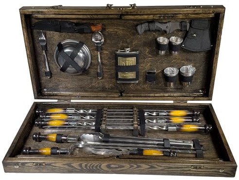 GOROCH BBQ Grill Geschenkset im Holzkoffer mit Tischfunktion & ukrainischer Symbolik – Premium Grillzubehör für Männer - Geschenk Flasche – Outdoor Grillset für Camping & Garten