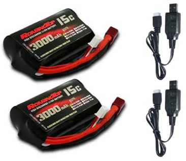 RoaringTop 7,4V 2S Li-ion Akku 3000mAh 2S mit T Plug wiederaufladbare RC-Batterie für 4WD Hochgeschwindigkeitsautos und die meisten 1/12-, 1/16-, 1/18-Maßstab RC-Fahrzeuge mit 2 USB-Ladegeräten