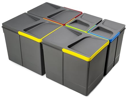 Emuca - Kit of recycling bins for kitchen drawer Recycle height 266mm, 3x15litres, 2x7litres, Anthracite grey plastic