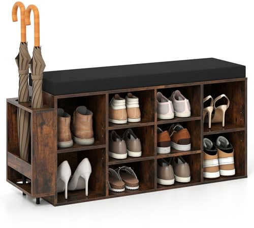 COSTWAY 10-Fächer Schuhbank mit Schirmhalter & gepolsterter Sitzfläche, Schuhregal mit verstellbare & abnehmbare Regalböden, Sitzbnank Schuheaufbewahrung für Eingangsbereich, Flur, Diele (Braun)