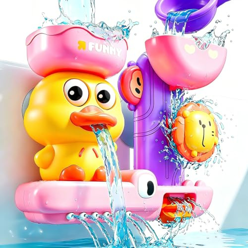 Badespielzeug ab 1 Jahr, Badewannenspielzeug Geschenk mit 3 Saugnäpfen | Manuelles Gießen mit Löffel, drehende Augen, spritzender Löwe, Wasserfall-Effekt, ohne Batterien, fördert Motorik