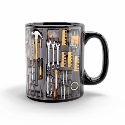 Hemoravoma Mechanic Toolbox Coffee Mug, 11oz Funny Mechanic Toolbox Ceramic Cup with Insulated Handle, Creatively Gift for Mechanics, Engineers, Car Guys & DIY Men (Yellow)