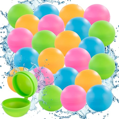 Playtastic Pool-Spielzeug: 24er-Set Wiederverwendbare Wasserbomben, selbstschließend, Ø 6,5 cm (Strand-Spiele, Wasserbomben bunt, wiederverwendbar)