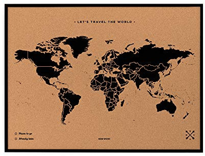 Miss Wood My World Weltkarte aus Kork, mit Holzrahmen, Schwarz, 48 x 63 x 1,5 cm