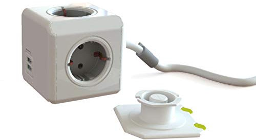 Power-Würfel Extended DuoUSB 3m, Steckdosenwürfel mit 4 Steckdosen und 2 USB Ports, Schreibtisch Montage-Kit und 3m Kabel, grau-weiß