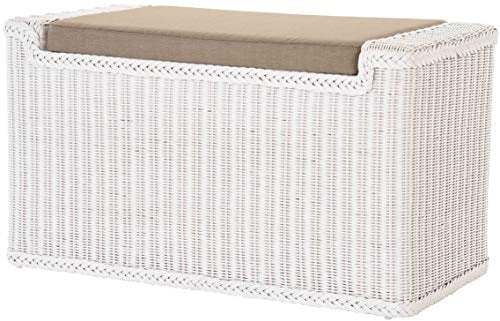Wäschesortierer mit Sitzbank aus echtem Rattan/Wäschesammler mit 3 Fächern in der Farbe Weiß