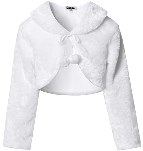 Jxstar White Shrugs for Girls Faux Fur Bolero Shawl Wraps for Wedding Pary Kids 4t-7t