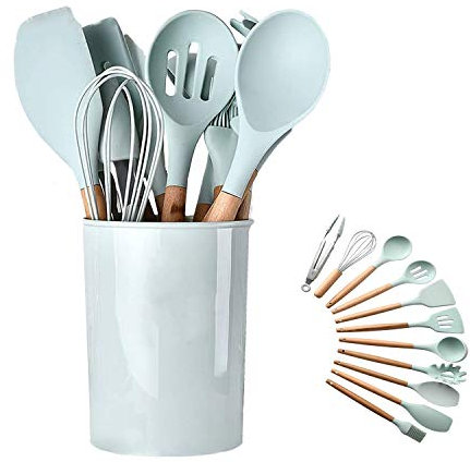 Utensilios de Cocina de Silicona Juego de Utensilios de cocina-446°F Mangos de Madera Resistentes al Calor Utensilios de Cocina Grises Juego de Utensilios de Cocina Antiadherente(Verde menta-12pcs)