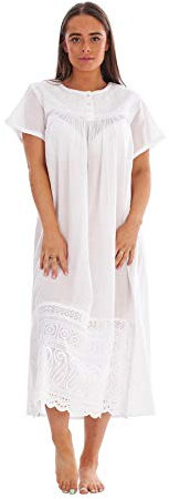 Malay Ladies Nightdress 100% Cotton Victorian Design Buttons Embroidered Short Sleeve White