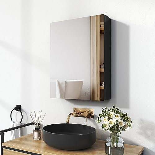 EMKE Spiegelschrank Bad, Badezimmer Spiegelschrank mit Spiegel, 50x65cm Badschrank Wandschrank mit höhenverstellbaren Glasablage (Schwarz Mattiert)