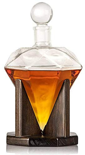 AMAZOM Whiskey Decanter Diamond Shaped with 2 Glasses & Mahogany Wooden Holder – Elegant Handcrafted Crafted Glass Decanter for Liquor, Scotch, Rum, Bourbon, Vodka, Tequila – 1000Ml,A