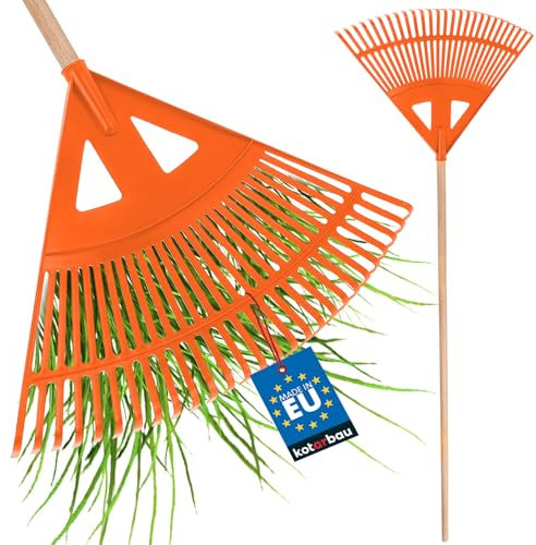 KOTARBAU® Robuster Rechen 580 mm mit Stiel Laubbesen Laubharke Fächerbesen Laubfeger Laubfächer Orange Laubrechen aus Kunststoff
