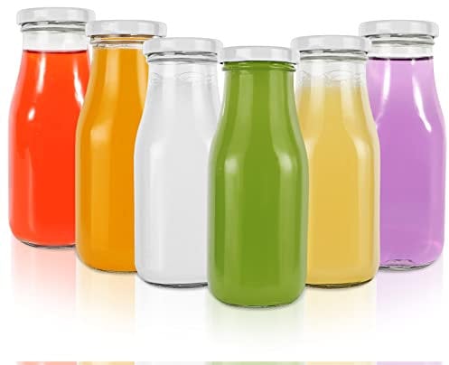 Paquete de 6 botellas de leche de vidrio transparente de 330 ml con tapas (plato). Botellas de vidrio para jugo, agua, miel, tarros vintage con 40 etiquetas y 1 bolígrafo