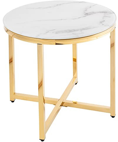 riess-ambiente.de Beistelltisch Boutique 50cm weiß Kristallglas mit Marmor-Dekor goldenes Gestell Wohnzimmertisch Couchtisch Tisch