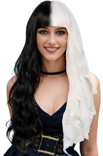 IMISSU Halbschwarze und weiße gewellt Damen lockig Kostüm Perücken Lolita Cosplay Perücke für Halloween Karnevalsparty (Langes Schwarz und Weiß)