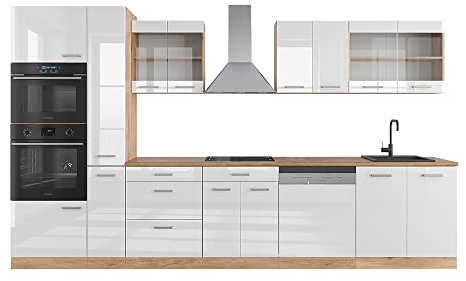 Vicco Küchenzeile R-Line, Weiß Hochglanz/Goldkraft Eiche, 350 cm mit Hochschrank, ohne Arbeitsplatte