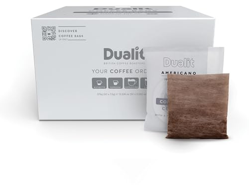 50 Premium Americano Coffee Bags by Dualit - Compostable Coffee Bag with Recyclable Sachet For Easy, Mess Free Coffee On The Go - Individually Wrapped for Freshness - Americano
