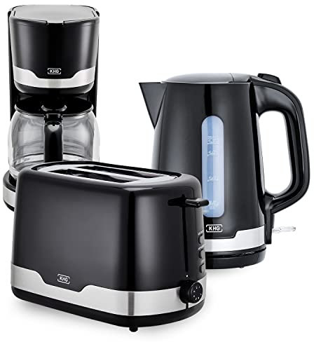 KHG 3-teiliges Set | Toaster 2 Scheiben, 7 Bräunungsstufen 850W | Wasserkocher 1,7 Liter mit Abschaltautomatik 2200W | Kaffeemaschine 1,5 Liter Glaskanne mit Tropfstopp 1000W | Frühstücksset Schwarz