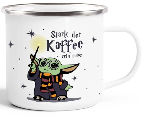 MoonWorks® Emaille-Tasse Baby-Yoda Spruch lustig Stark der Kaffee sein muss Geschenk Kaffeeliebhaber Bürotasse emaille-weiss-silber standard