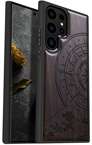 Carveit Coque pour Galaxy S23 Ultra Étui en Protection Bois [Unique Etui en Bois et Souple TPU Silicone] Antichoc Bumper Compatible avec Samsung S23 Ultra Artistique Etui (Bois sombre-boussole vagues)