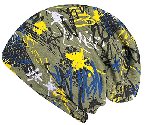 Wollhuhn ÖKO Jungen/Mädchen Bequeme Skater Long Beanie/Mütze/Beanie-Mütze/Strickmütze/Kinder-Mütze Jersey Gefüttert Übergangszeiten (Öko-Stoffe/Bio) 20220620 (Graffiti Khaki/Gelb, L)