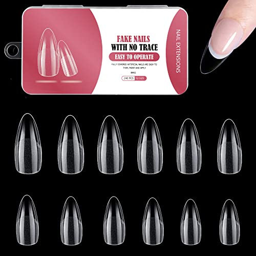 240 Pièces Semi Givré Capsules, Americaine Ongle pour Nail Art Long Artificiel Ongles pour Salons de Manucure, Semi Givré Amande, 10 Tailles Différentes, Medium Amande