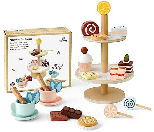 Little Log Wooden Play Food Cake Dessert Stand Afternoon Tea Set Party for Toddlers Pretend Play Cake Food Toy Children Play Kitchen Accessories Birthday Gift for Kids Girls Boys