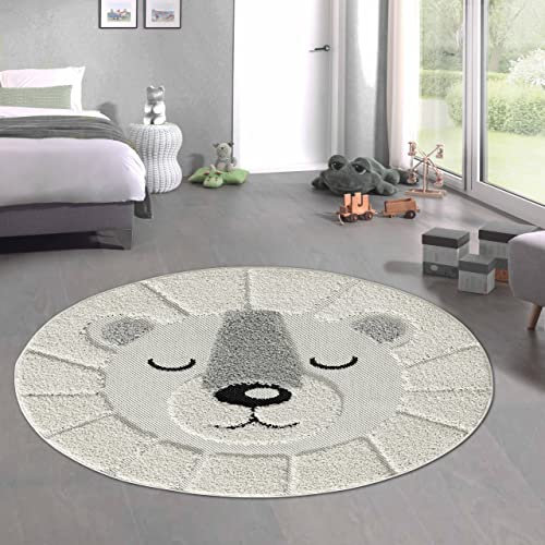 CARPETIA runder Kinderteppich mit flauschigem Hoch-Tief Effekt – schlafender Bär – Creme, 200 cm rund