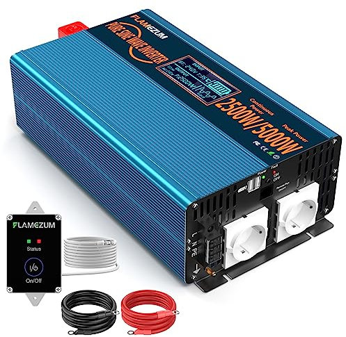 2500W KFZ Reiner Sinus Spannungswandler-Auto Wechselrichter 24v auf 230v Umwandler-Inverter Konverter mit 2 EU Steckdose und 2 USB-Port-inkl. Fernsteuerung-Spitzenleistung 5000 Watt