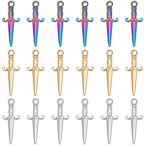UNICRAFTALE about 18Pcs 3 Colors Sword Pendants 27.5mm Stainless Steel Dagger Charms Hypoallergenic Punk Earring Sword Charms Metal Bracelets Charm for DIY Jewelry Making