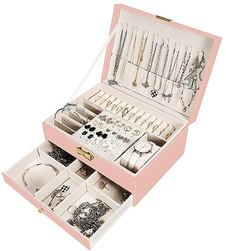 Leerweii Schmuckkästchen Mädchen, 2 Ebenen PU-Leder Schmuckaufbewahrung mit Schublade, Schmuckschatulle mit Schloss und Schlüssel Reise Schmuckkästchen für Ringe, Ohrringe, Halsketten und Uhren, Rosa