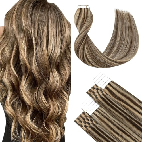 SURNEL Tape in Extensions Echthaar Schokoladenbraun mit Karamellblond Tape in Echthaar 22 Zoll 50 Gramm 20Pcs(#4P27-55cm)