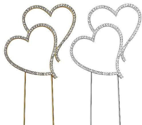 2pcs Heart Shaped Cake Toppers, Rhinestone Cake Toppers, Personalized Cake Decoration, Elegant and Romantic, Suitable for Birthday Party, Wedding, Valentine's Day (Gold, Silver)
