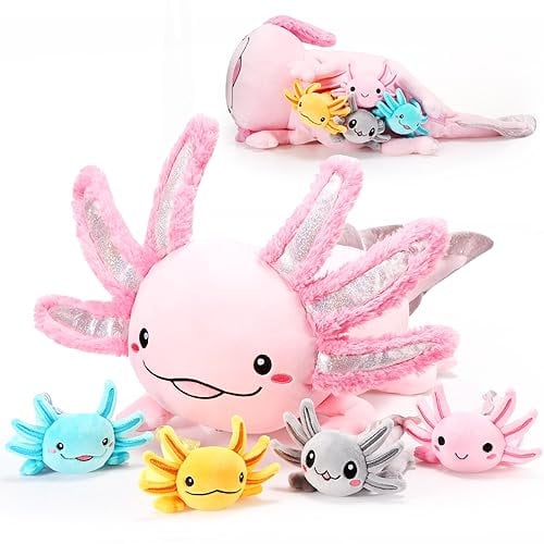 Aoriher 5 Stück Axolotl Plüschtiere Set - 60 cm Mama Stofftier Mit 4 Süßen Plüsch Babys im Bauch - Weiches Flauschiges Kuscheltier für Jungen Mädchen Geburtstag Party Geschenk