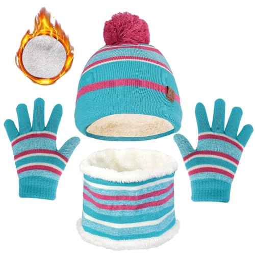 JFAN 3 en 1 Chaud Tricot Bonnet Enfant Hiver Chapeau Echarpe Gants Ensemble | Doublure en polaire,Motifs Rayures,Mignonne,Multicolore Ski Cap,