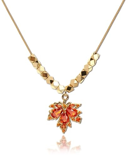 Simple Fall Leaf Pendant Necklaces for Women Teen Girls Dainty Gold Chain Orange Rhinestone Crystal CZ Maple Dangle Beads Necklace Wedding Prom Holiday Autumn Jewelry Gifts