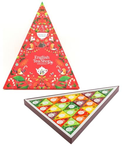 English Tea Shop® | Calendario Avvento Triangoli | 25 Mini Astucci Tè e Tisane BIO Natale | Avvento Cofanetto Regalo Rosso - 25 Piramidi Tè (50 Gr) | Tisane BIO